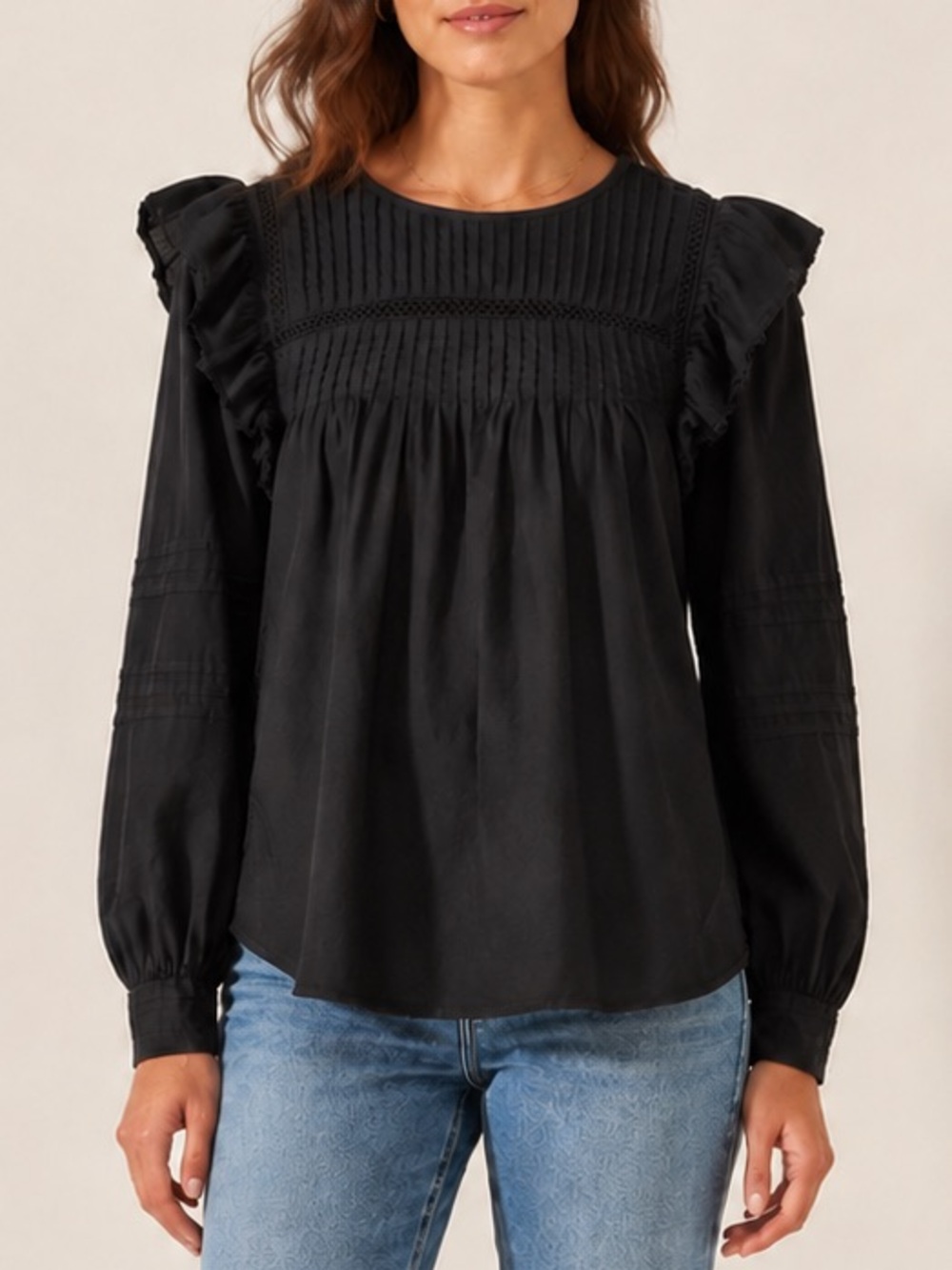 Madewell Black Full-Sleeve Pintuck Ruffle Top